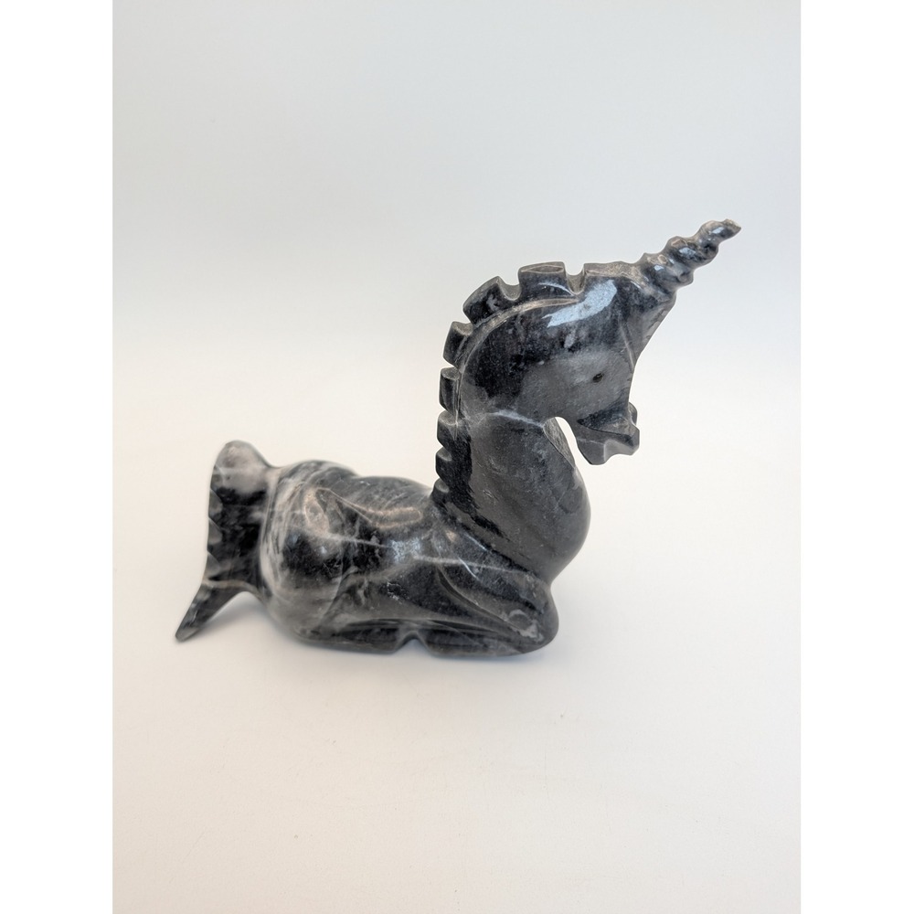Hand Carved Marbled Stone Unicorn Figurine Dark Gray White 6" Statuette